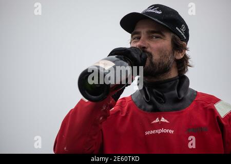 Boris Herrmann (ger), 4°, navigazione sull'Imoca SeaExplorer - Yacht Club de Monaco durante l'arrivo del 2020-2021 VendÃ& x83; Â©e Globe dopo 80 giorni, 14 ore, 59 minuti e 45 secondi, 9° edizione della gara senza sosta per la gara mondiale di yacht, il 27 gennaio 2021 a Les Sables-d'Olonne, Francia - Foto Martin KeruzorÃ& Â© x83; / DPPI / LiveMedia Foto Stock