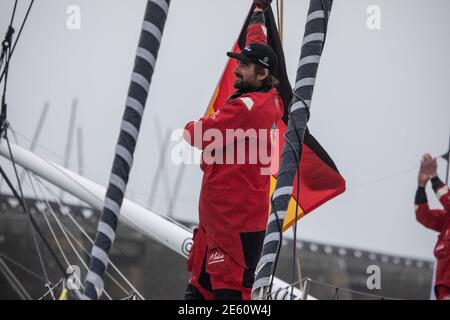 Boris Herrmann (ger), 4°, navigazione sull'Imoca SeaExplorer - Yacht Club de Monaco durante l'arrivo del 2020-2021 VendÃ& x83; Â©e Globe dopo 80 giorni, 14 ore, 59 minuti e 45 secondi, 9° edizione della gara senza sosta per la gara mondiale di yacht, il 27 gennaio 2021 a Les Sables-d'Olonne, Francia - Foto Martin KeruzorÃ& Â© x83; / DPPI / LiveMedia Foto Stock