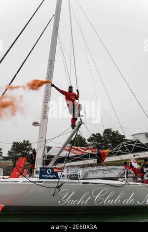 Boris Herrmann (ger), 4°, navigazione sull'Imoca SeaExplorer - Yacht Club de Monaco durante l'arrivo del 2020-2021 VendÃ& x83; Â©e Globe dopo 80 giorni, 14 ore, 59 minuti e 45 secondi, 9° edizione della gara senza sosta per la gara mondiale di yacht, il 27 gennaio 2021 a Les Sables-d'Olonne, Francia - Foto Martin KeruzorÃ& Â© x83; / DPPI / LiveMedia Foto Stock