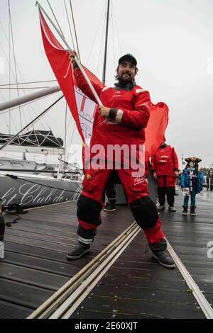 Boris Herrmann (ger), 4°, navigazione sull'Imoca SeaExplorer - Yacht Club de Monaco durante l'arrivo del 2020-2021 VendÃ& x83; Â©e Globe dopo 80 giorni, 14 ore, 59 minuti e 45 secondi, 9° edizione della gara senza sosta per la gara mondiale di yacht, il 27 gennaio 2021 a Les Sables-d'Olonne, Francia - Foto Martin KeruzorÃ& Â© x83; / DPPI / LiveMedia Foto Stock