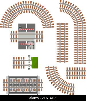 Parti di rotaie ferroviarie. Elementi costruttivi ferroviari isolati su sfondo bianco Illustrazione Vettoriale