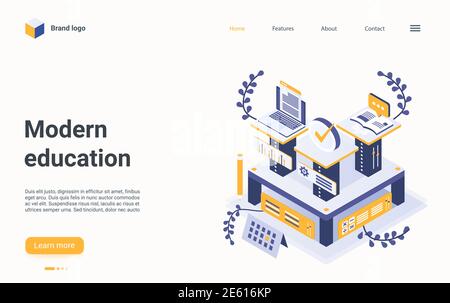 Illustrazione vettoriale isometrica della tecnologia online per l'istruzione moderna. Cartoon 3d processo di tendenza educativa con organizzazione e pianificazione digitale, computer infrastruttura smart progetto pagina di destinazione Illustrazione Vettoriale