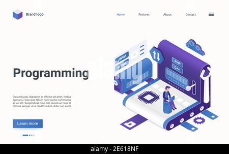 Programmazione moderna tecnologia di sviluppo illustrazione vettoriale isometrica. Sviluppatore di programmatore 3d di Cartoon o personaggio uomo di codifica che lavora con il laptop, creando una landing page del linguaggio di programmazione del codice Illustrazione Vettoriale