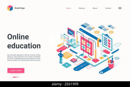 Illustrazione vettoriale isometrica della tecnologia di formazione a distanza online. Apprendimento Web 3D Cartoon, collegamento a tutorial webinar o lezioni di workshop con il carattere dello studente, landing page della piattaforma didattica Illustrazione Vettoriale