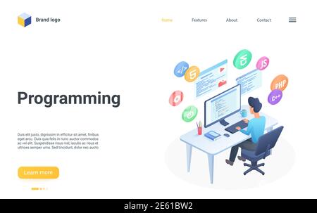 Illustrazione vettoriale isometrica per la programmazione di persone. Sviluppatore programmatore professionale di cartoon o codificatore uomo carattere lavorare con il linguaggio del programma script di codice in editor sulla pagina di destinazione dello schermo del computer Illustrazione Vettoriale