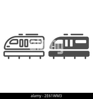 Linea del treno monorotaia e icona piena, simbolo del trasporto, segno vettore della metropolitana monorotaia su sfondo bianco, icona del trasporto ferroviario in stile contorno Illustrazione Vettoriale