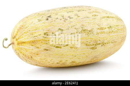 Melone ovale isolato su sfondo bianco. Melone russo uzbeco con percorso di ritaglio. Profondità di campo completa. Foto Stock
