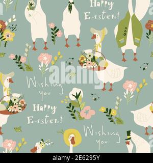 Motivo senza cuciture con gooses cartoon e fiori Illustrazione Vettoriale