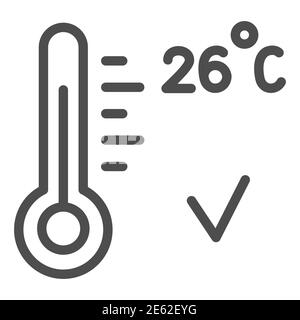 Mantenere una temperatura dell'aria sana a casa in coronavirus pandemic linea icona, covid-19 concetto, termometro con 26 gradi segno su sfondo bianco, vetro Illustrazione Vettoriale