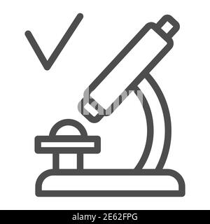 Microscopio con icona a linea di spunta, concetto di test del vaccino del coronavirus, analisi approvata in segno di microscopio su sfondo bianco, test di laboratorio Illustrazione Vettoriale