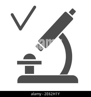 Microscopio con icona a segno di spunta, concetto di test del vaccino del coronavirus, analisi approvata in segno di microscopio su sfondo bianco, test di laboratorio Illustrazione Vettoriale