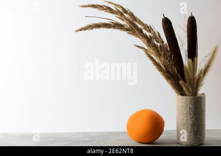 Un arancio su un tavolo grigio testurizzato contro una parete bianca con un bouquet autunnale di erbe secche e canne. Messa a fuoco selettiva. Foto Stock