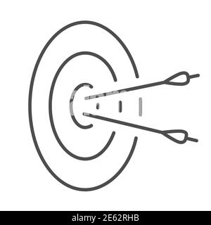 Due frecce colpiscono l'icona della linea sottile dell'obiettivo, concetto di strategia di vendita, freccia con il segno delle frecce su sfondo bianco, due frecce che si stagliano fuori dal centro di Illustrazione Vettoriale
