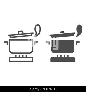 Padella con vapore sulla linea della stufa a gas e l'icona solida, concetto di cottura, pentola sul segno del fuoco su sfondo bianco, icona della pentola bollente in stile contorno per Illustrazione Vettoriale