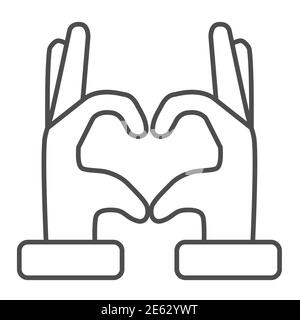 Icona della linea sottile delle mani nel cuore, concetto dei gesti, segno del gesto della mano della forma del cuore su sfondo bianco, segno del cuore che fa la mano nello stile del contorno per Illustrazione Vettoriale