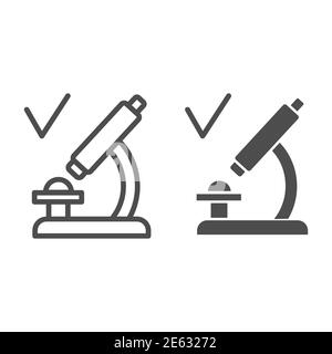 Microscopio con linea di spunta e icona continua, concetto di test del vaccino del coronavirus, analisi approvata in segno microscopio su sfondo bianco, laboratorio Illustrazione Vettoriale