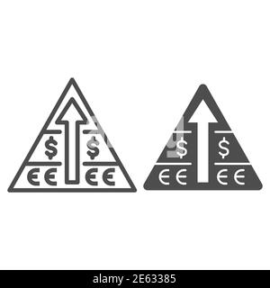 Piramide con dollaro, simbolo dell'euro e freccia in alto e icona solida, concetto di strategia aziendale, segno della piramide finanziaria su sfondo bianco, piramide Illustrazione Vettoriale