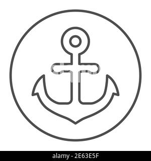 Emblema di ancoraggio in forma rotonda icona linea sottile, concetto marino, segno di ancoraggio su sfondo bianco, emblema nautico icona in stile contorno per il concetto mobile Illustrazione Vettoriale