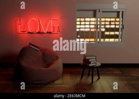 angolo di lettura con una borsa di fagioli e un piccolo tavolo con libri su di esso e un cartello rosso al neon con la parola amore che illumina la stanza e una finestra overlookin Foto Stock