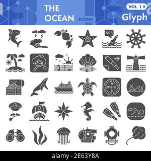 Set di icone Ocean Solid, collezione di simboli nautici o schizzi. Segni di vita marina per il web, pacchetto pittogramma stile glifo isolato su sfondo bianco Illustrazione Vettoriale