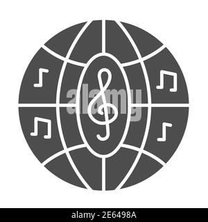 Disco musical icona solido sfera, musica concetto festival, discoteca club notte sfera segno su sfondo bianco, palla da festa con note icona in stile glifo Illustrazione Vettoriale