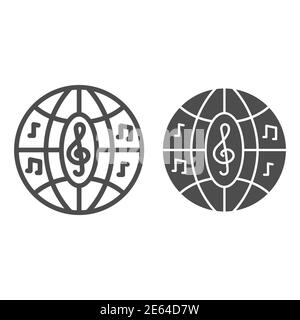 Disco musical linea palla e icona solida, concetto di festival musicale, discoteca club notte segno sfera su sfondo bianco, partito palla con note icona in Illustrazione Vettoriale