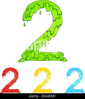 Numero 2 con gocce di flusso e schizzi di goo. Illustrazione a colori del simbolo due in quattro colori: Verde, rosso, giallo, blu. Gocciolamento di liquido. Font vettoriale nello stile disegnato a mano isolato su sfondo bianco. Illustrazione Vettoriale