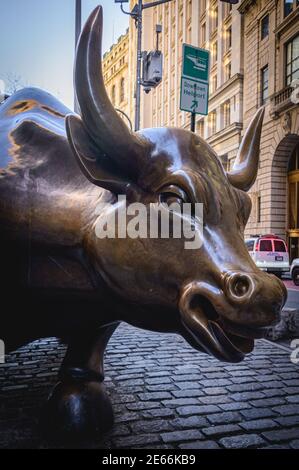 New York, Stati Uniti. 28 Gennaio 2021. Statua di Wall Street Bull nel quartiere finanziario di New York. (Foto di Erik McGregor/Sipa USA) Credit: Sipa USA/Alamy Live News Foto Stock