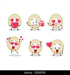 Fetta di verde cocco cartone animato carattere con amore simpatico emoticon. Illustrazione vettoriale Illustrazione Vettoriale