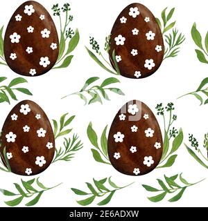 Acquerello senza giunture con cioccolato uova di Pasqua erba butterCup fiori e foglie. Caccia di Pasqua celebrazione marrone design. Stagione primaverile con simboli cristiani religiosi Foto Stock