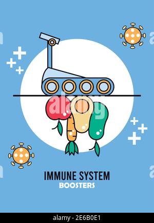 inmune sistema di richiamo con cibo sano e covid19 particelle vettore disegno dell'illustrazione Illustrazione Vettoriale