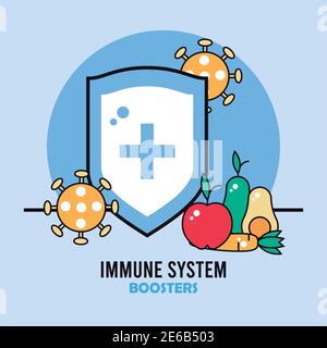 sistema di inmune protezione di richiamo con verdure e vettore di particelle di covid19 disegno dell'illustrazione Illustrazione Vettoriale