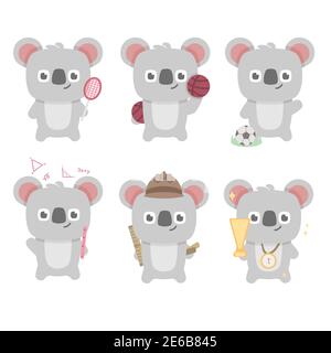 koala character set collection mascot carino animale calcio tennis basket vincitore della gym run degli studenti scout con stile fumetto piatto Illustrazione Vettoriale