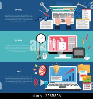 Sviluppo Web Set di banner orizzontali con codifica seo e design elementi illustrazione vettoriale isolata Illustrazione Vettoriale