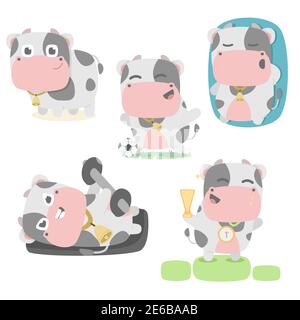 mucca set di caratteri collezione mascotte cute animale calcio palestra run vincitore in stile fumetto piatto Illustrazione Vettoriale