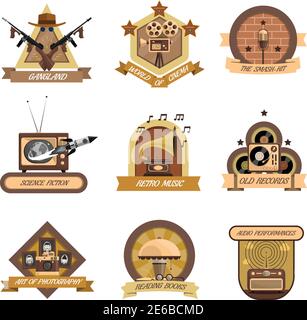 Emblemi retrò ambientato nel mondo del cinema e dei vecchi dischi simboli immagine vettoriale isolata piatta Illustrazione Vettoriale