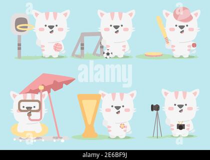 set di caratteri cat collezione mascotte cute animale basket base di calcio foto vincitrice dello snorkeling con palla in stile fumetto piatto Illustrazione Vettoriale