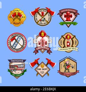 Etichette di qualità antincendio emblemi e pennarelli per attrezzature da reparto vigili del fuoco collezione di pittogrammi colorati illustrazione vettoriale isolata astratta Illustrazione Vettoriale