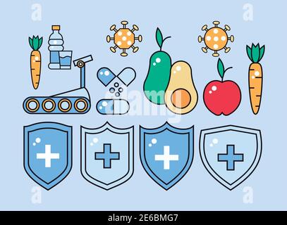 sistema di inmune booster con cibi sani e set icone disegno di illustrazione vettoriale Illustrazione Vettoriale