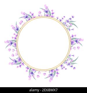 Fiori di lavanda in una cornice rotonda d'oro. Illustrazione di acquerello disegnata a mano. Per inviti, biglietti d'auguri, stampe, poster, pubblicità Foto Stock