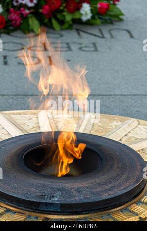 Primo piano immagine della fiamma eterna alla tomba sconosciuta del soldato e monumento alla base del monumento dell'Arco di Trionfo a Parigi. C'è una torcia w Foto Stock