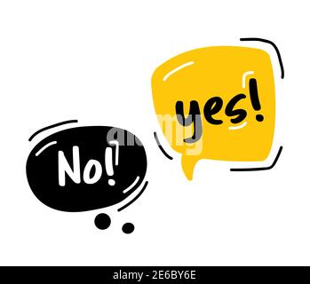 Sì o no Bubble di voce. Bolle di parole di doodle disegnate a mano. Bolle di pensiero giallo e nero brillanti. Illustrazione vettoriale stile doodle. Illustrazione Vettoriale