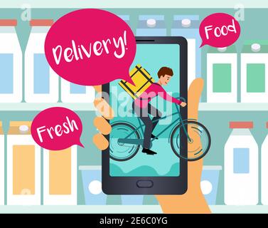 Effettuare un ordine online per la consegna di alimenti. Il corriere in bicicletta porta l'ordine al cliente dal negozio di alimentari. Consegna ordine online, illust vettore Illustrazione Vettoriale