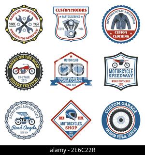 Set colorato di etichette per motociclette con indumenti da trasporto e simboli per officina illustrazione vettoriale isolata Illustrazione Vettoriale