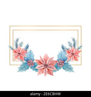 Acquerello invernale in cornice rettangolare orizzontale con fiori di agrifoglio, bacche e poinsettia. Illustrazione disegnata a mano. Per inviti, saluto Foto Stock