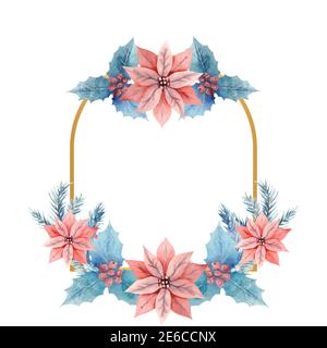 Acquerello invernale in una cornice d'oro a forma di arco con fiori di agrifoglio, bacche e poinsettia. Illustrazione disegnata a mano. Per inviti Foto Stock