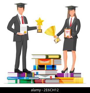 Donna d'affari e pila di libri. Uomo d'affari con trofeo e diploma. Istruzione e studio. Successo aziendale, trionfo, obiettivo o successo. Vincita della concorrenza. Illustrazione vettoriale stile piatto Illustrazione Vettoriale