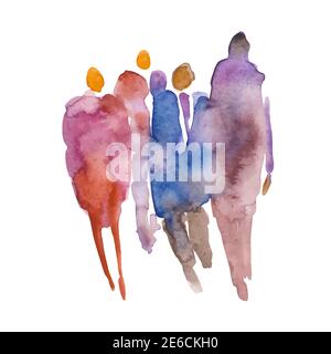 Vettore. Macchia di colore con acquerelli sotto forma di un gruppo di persone. Silhouette dipinta a mano in acquerello di uomo e donna Illustrazione Vettoriale