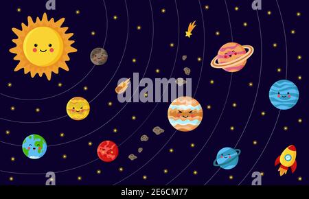 Illustrazione vettoriale del sistema solare con stelle e asteroidi. Sole e pianeti in stile cartoon. Illustrazione Vettoriale