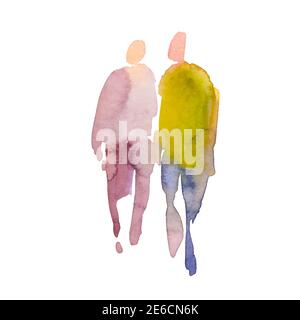 Vettore. Macchia di colore con acquerelli sotto forma di un gruppo di persone. Silhouette dipinta a mano in acquerello di uomo e donna Illustrazione Vettoriale